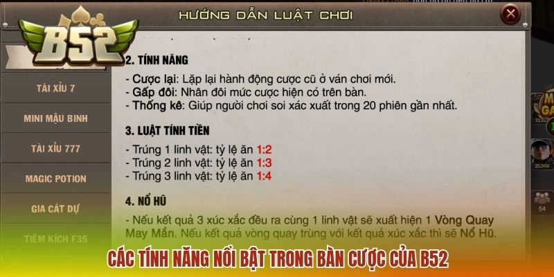 Các tính năng nổi bật trong bàn cược của B52