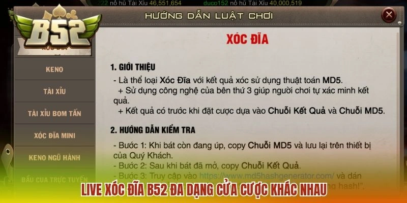 Live Xóc đĩa B52 đa dạng cửa cược khác nhau
