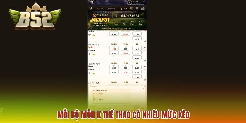 Mỗi bộ môn K thể thao có nhiều mức kèo