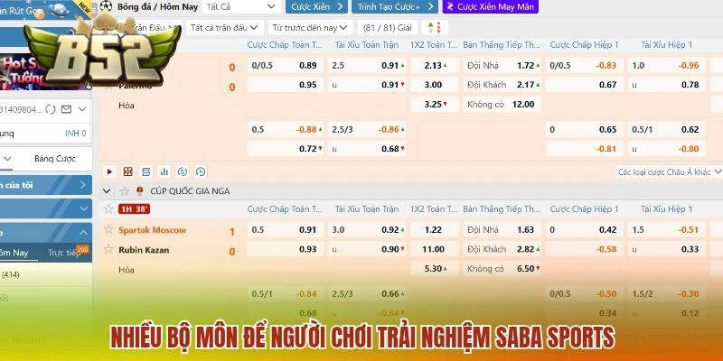 SABA Sports B52 - Nắm Bắt Diễn Biến Các Kèo Trong Trận Đấu 3 Nhiều bộ môn để người chơi trải nghiệm SABA Sports
